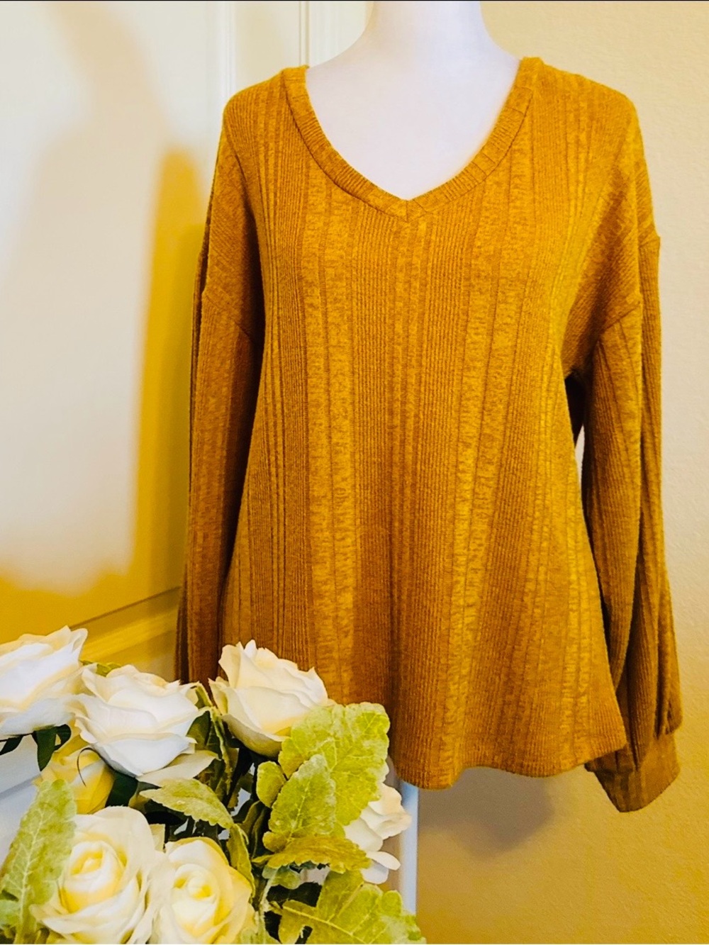 Mustard V-Neck Ribbed Knit Top - Women